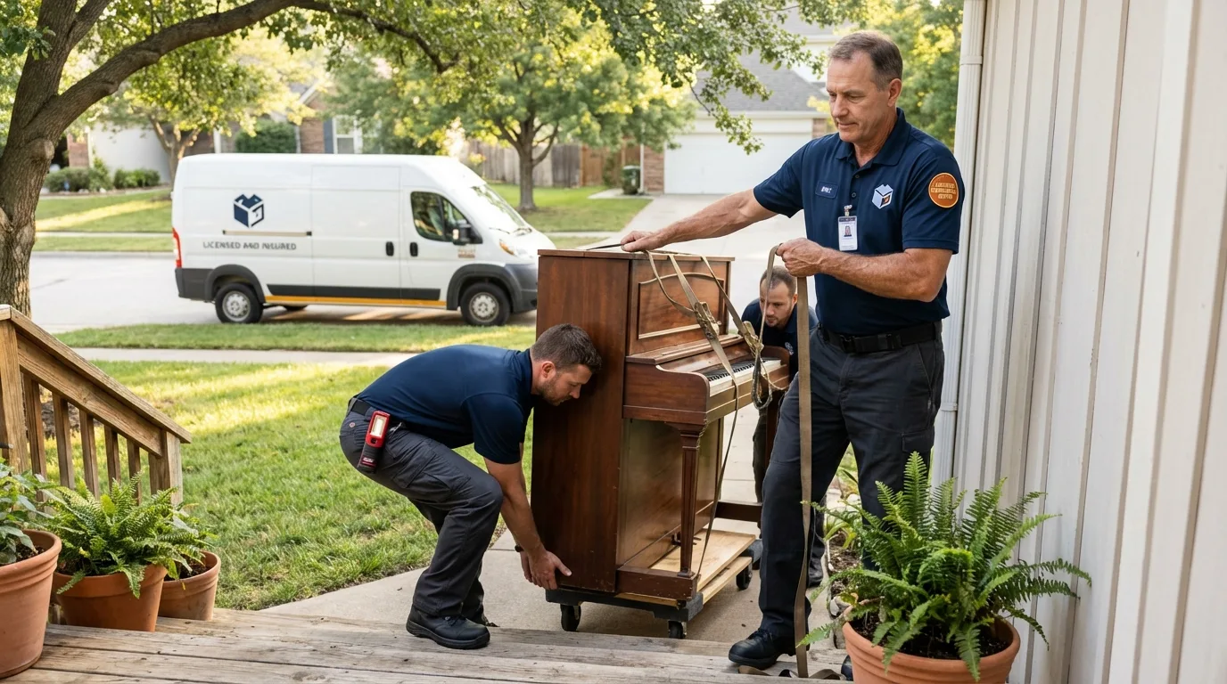 Licensed piano movers securing grand piano in Rossville, KS