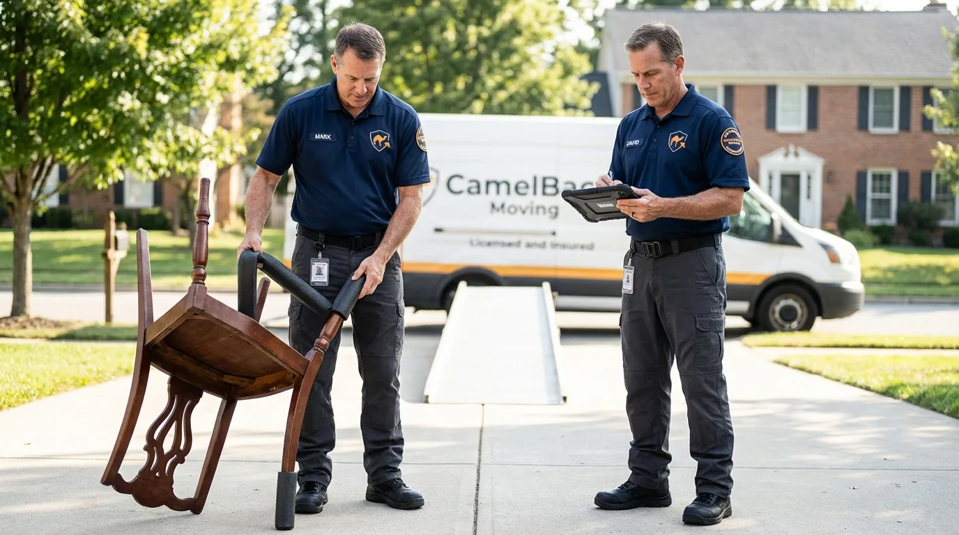 Movers inspecting furniture for damage prevention before loading in Rossville, KS