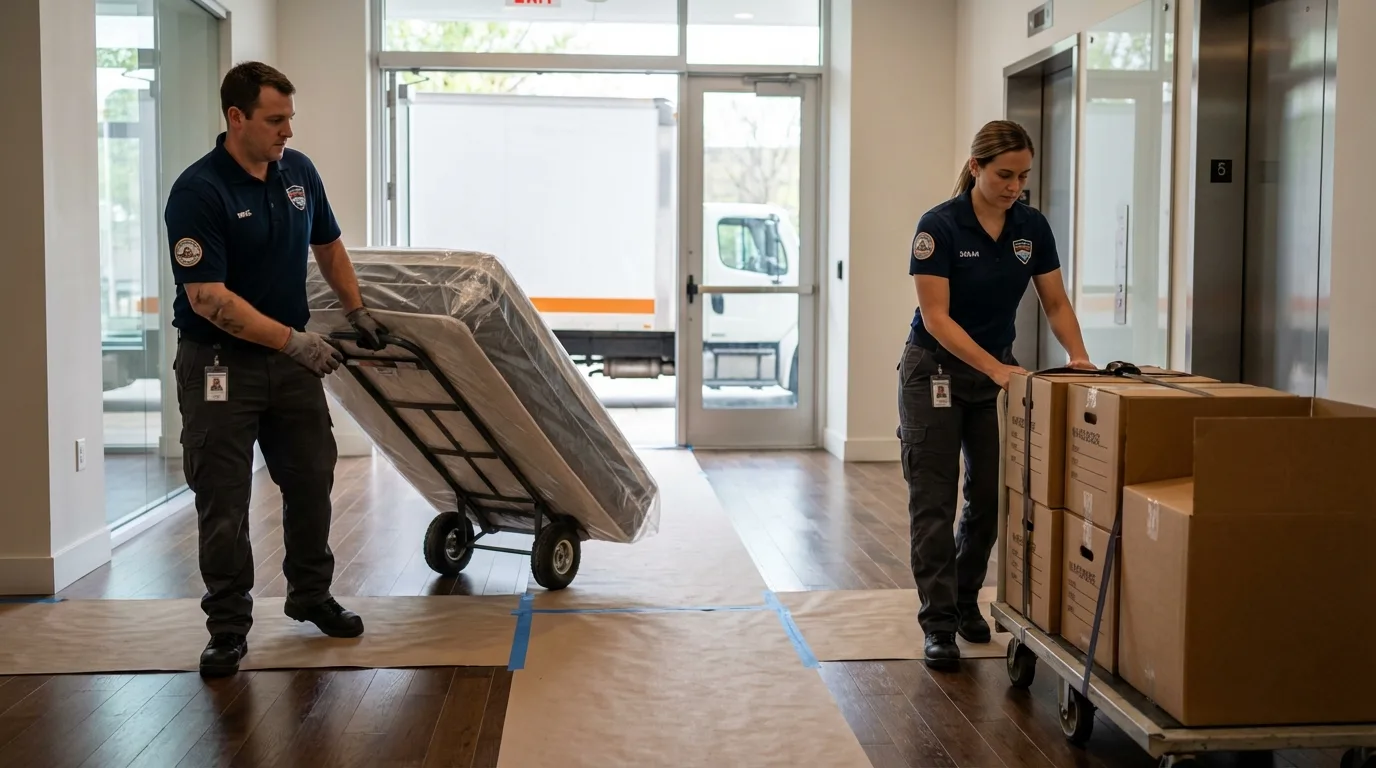 Professional apartment movers loading elevator in Rossville, KS